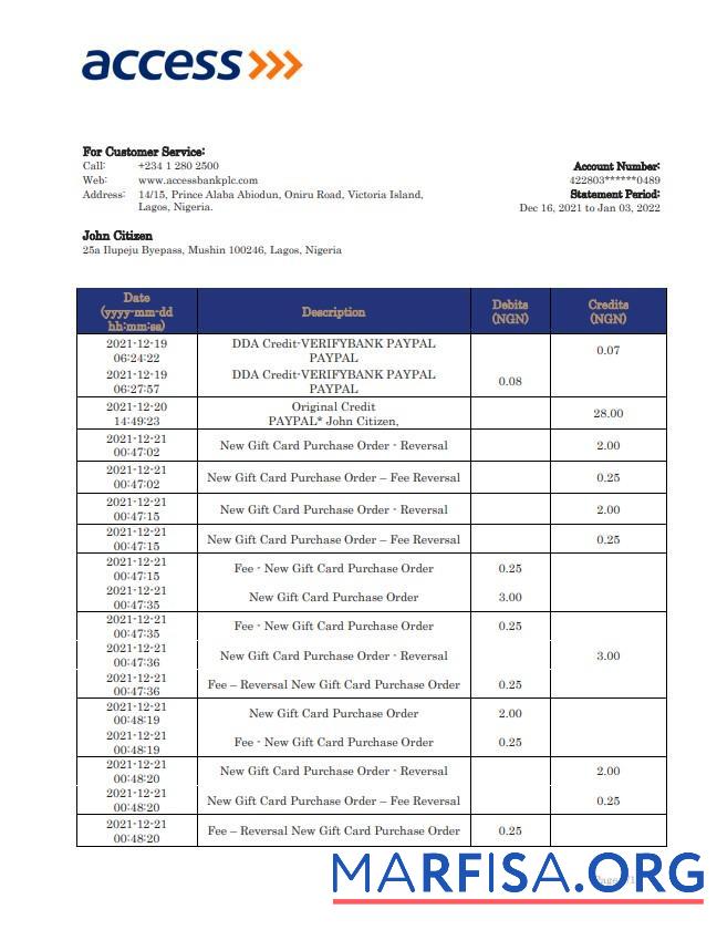 Blank Nigeria Access bank statement word example